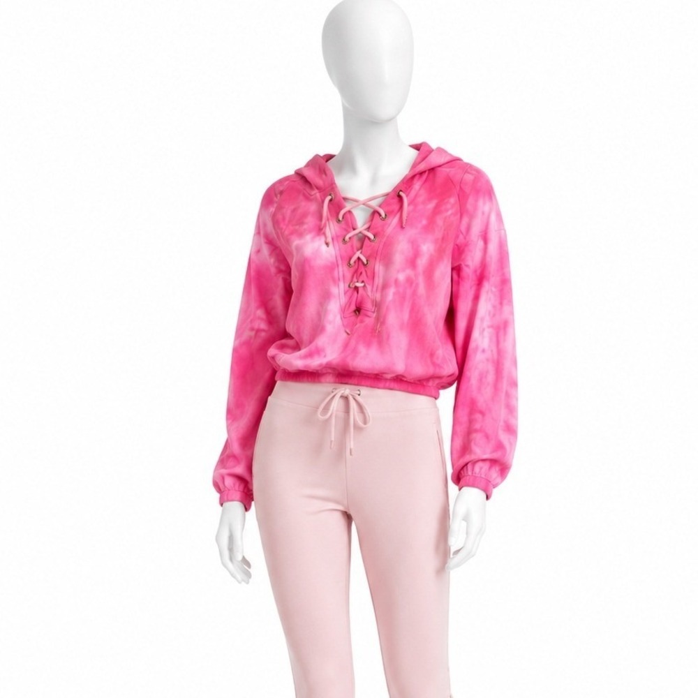 LoveShackFancy Pink Tie Dye Lace Up Hoodie XS Cotton Puffed Sleeve Crop Top